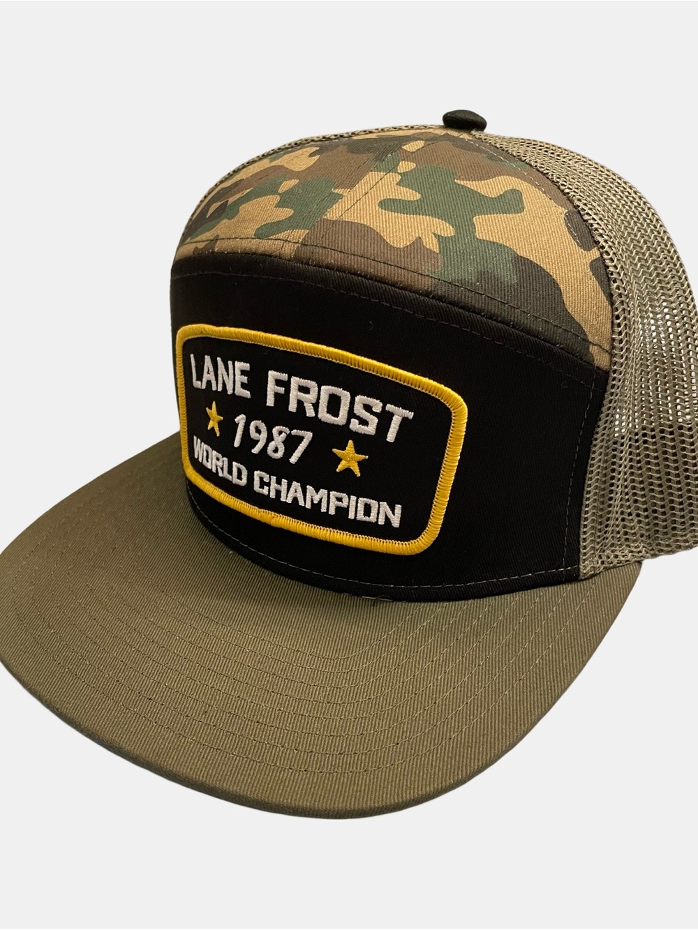 Lane Frost 1987 World Champion Camo Mesh Snapback Hat Bull Rider Rodeo Wear